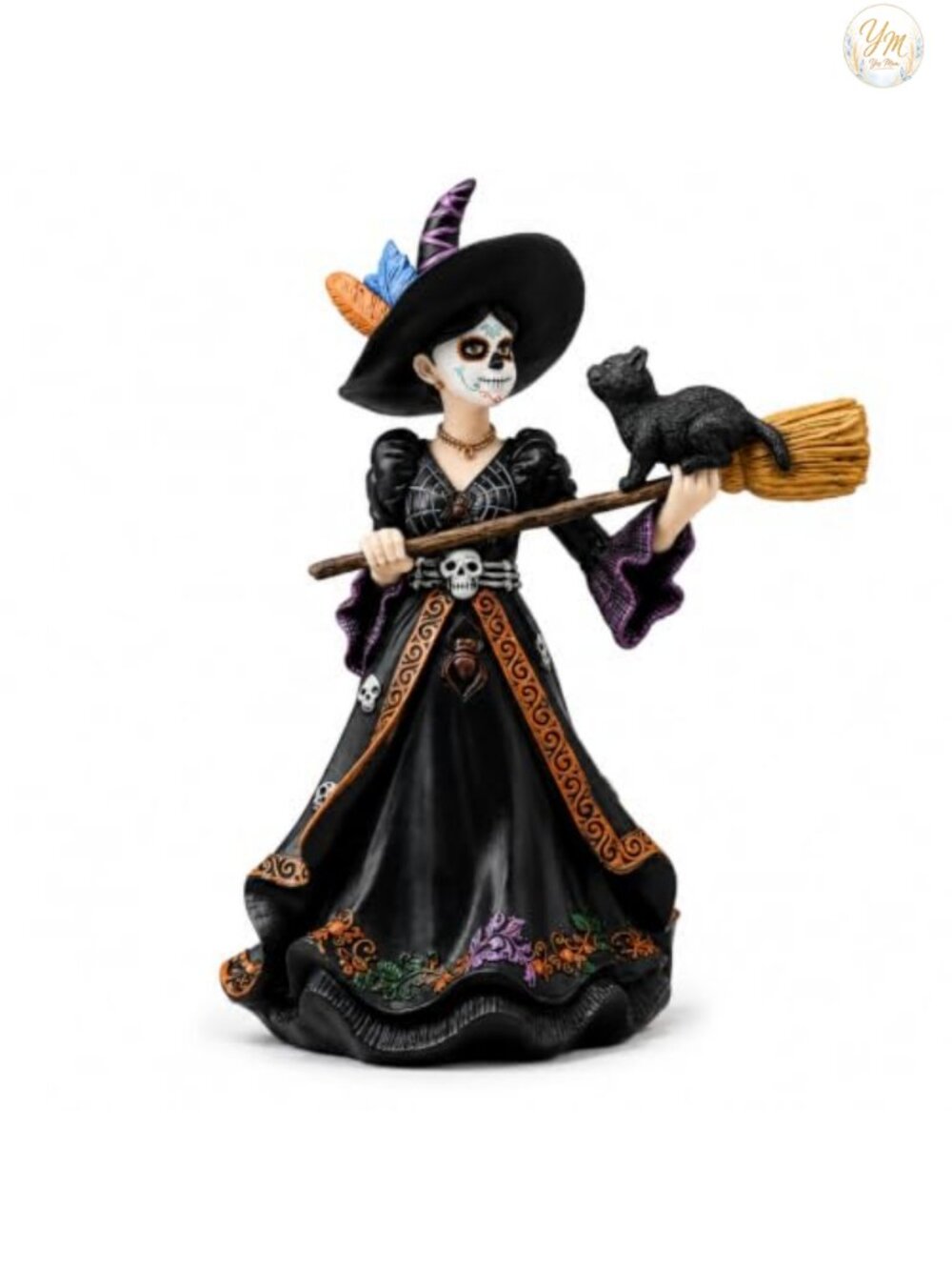 Day of the Dead Witch Statue 8.3" Black Cat Figurine Gothic Decor